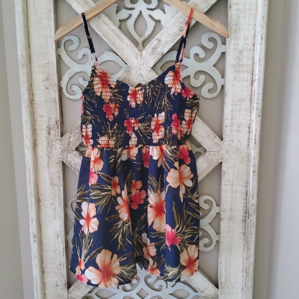 Perfect Peach Babydoll Peplum Flowy Smocked Tank Top Tropical Hibiscus Hawaiian